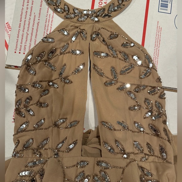 ASOS floor length gown embroidered beaded tan keyhole halter high neck b… - Picture 7 of 9